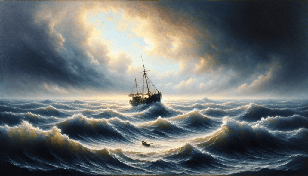 A small boat resiliently navigating stormy seas, symbolizing bravery in adversity, in an oil painting.