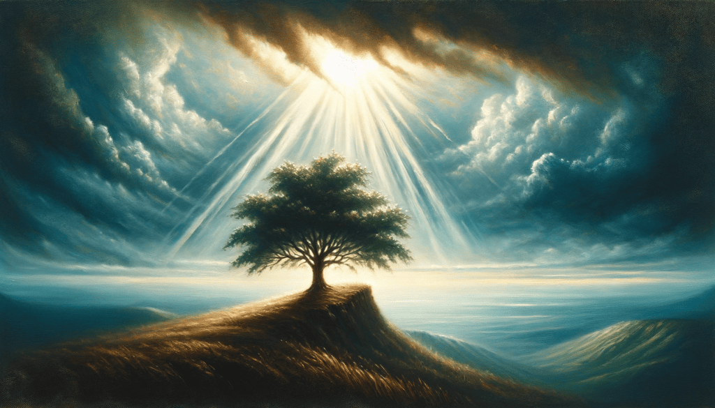 Lone tree standing tall against an open sky, symbolizing courage through faith, in an oil painting.