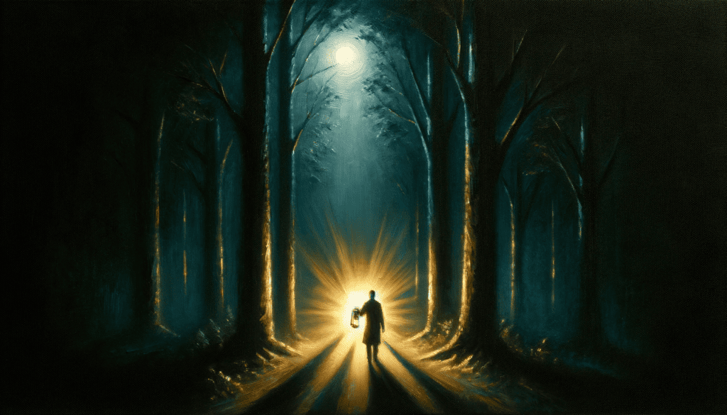 Figure walking with a lantern in a dark forest, symbolizing overcoming fear, in an oil painting.