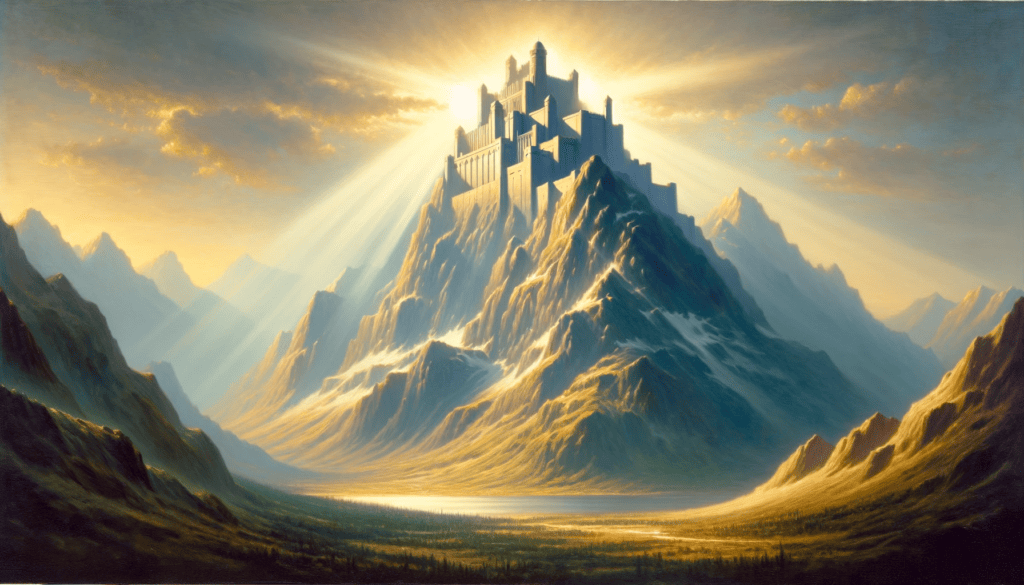 Majestic fortress on a mountain, symbolizing God's protection and strength, in an oil painting.