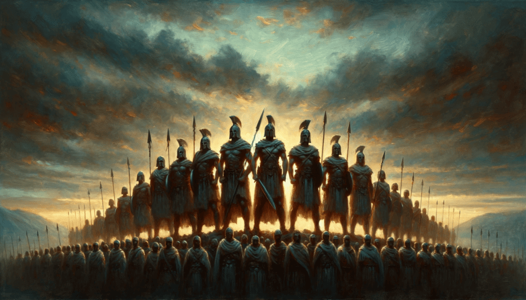 Ancient warriors standing united on a battlefield, symbolizing encouragement to stand firm, in an oil painting.