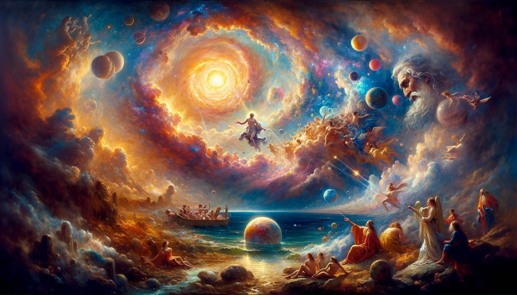 Oil painting of the universe's creation with vibrant celestial bodies and a divine presence.