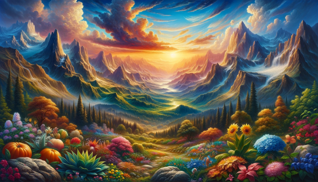 Oil painting depicting 'The Beauty of Creation' with a vivid and detailed landscape, showcasing diverse flora, majestic mountains, and a radiant sky.