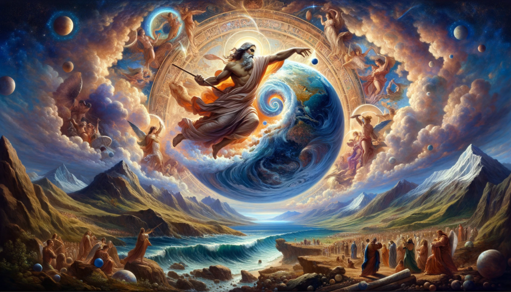 Oil painting depicting a divine figure shaping the earth, the seas, and the heavens with care.