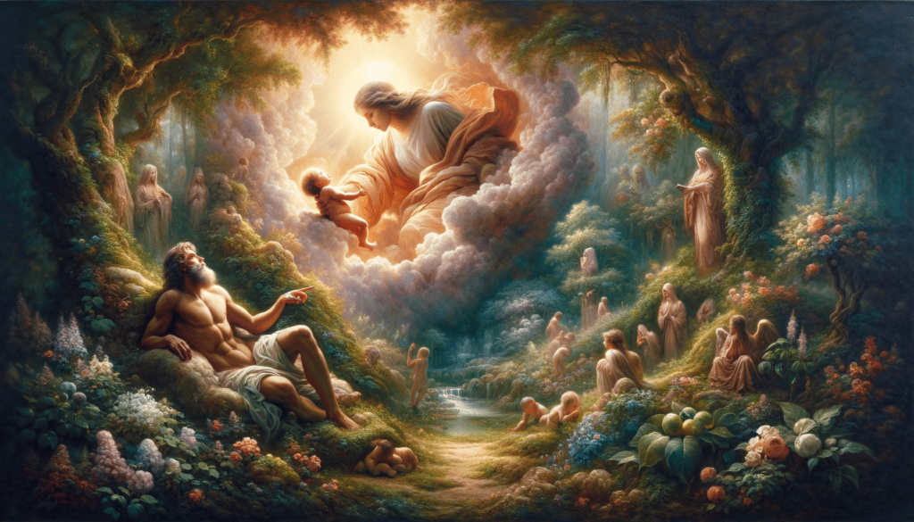 Oil painting illustrating the creation of humanity with a divine presence in the Garden of Eden.
