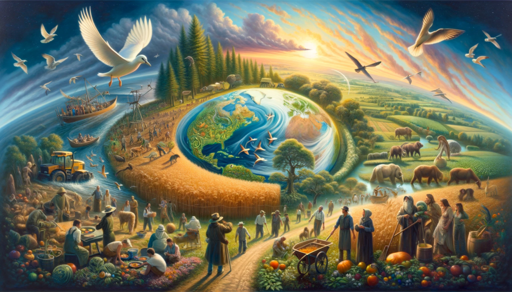 Oil painting portraying 'Stewardship of Creation' with seamless integration of humans and nature, depicting sustainable agriculture, wildlife conservation, and environmental care.