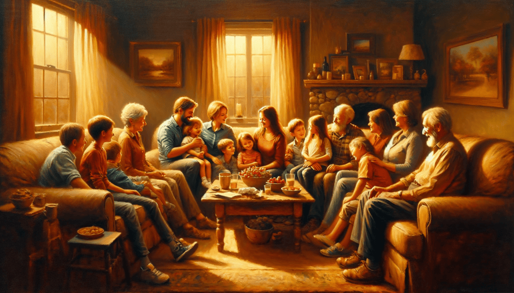Oil painting of a warm family gathering in a cozy living room, symbolizing the importance of family.