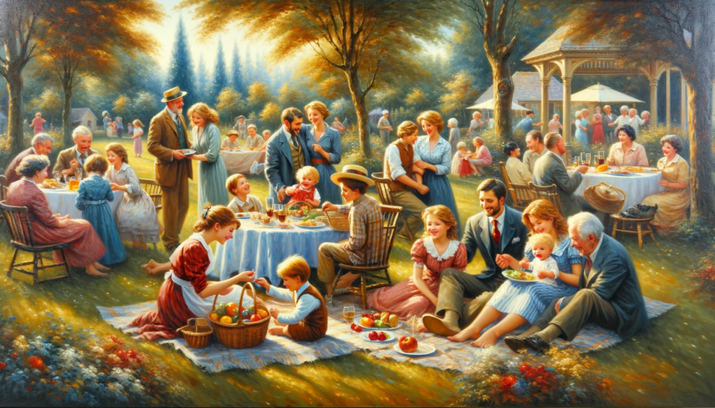 Oil painting of a joyful family picnic in a garden, representing family relationships and togetherness.