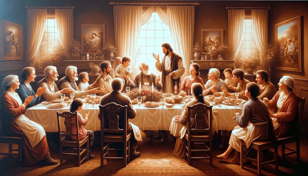 Oil painting of a family dinner scene, highlighting love and respect among family members.
