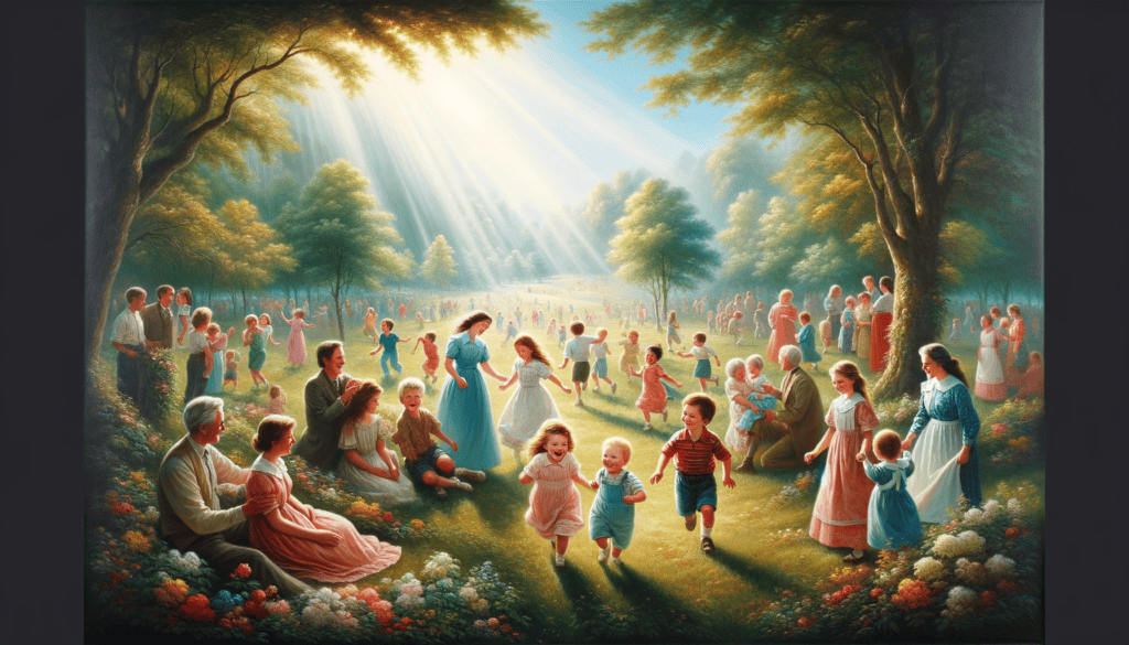 Oil painting of joyful children playing in a sunlit park, symbolizing the blessings of children.