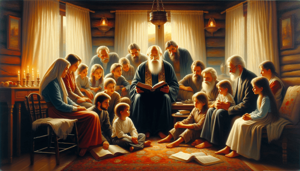 Oil painting of a family engaged in spiritual teachings at home, representing family and God’s teachings.
