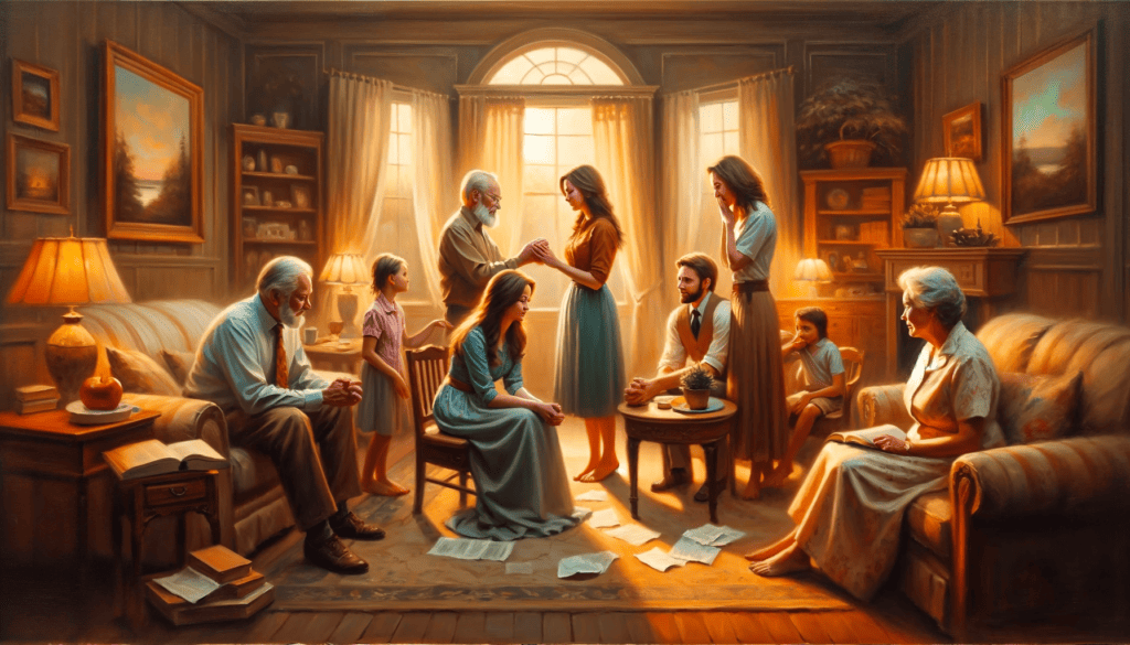 Oil painting of a family scene of reconciliation in a living room, depicting conflict and forgiveness in the family.
