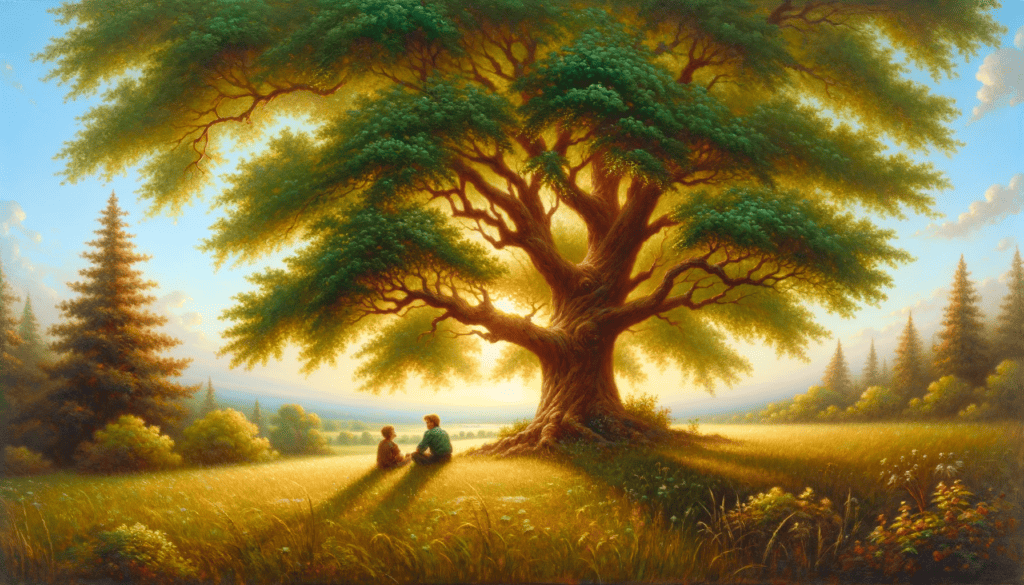 Warm oil painting of two friends conversing under a leafy tree in a meadow, symbolizing the comfort and joy of friendship.