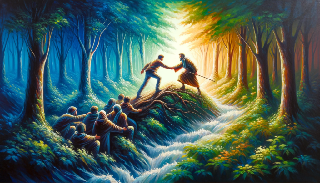 Vibrant painting of two individuals on a path through a forest, symbolizing the journey and support in good friendship.