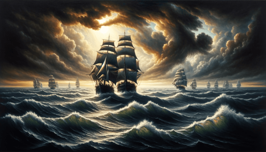 Dramatic seascape with two ships in turbulent waters, portraying the resilience and loyalty in friendship.