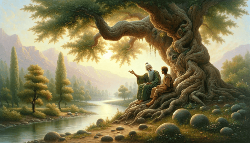 Thoughtful painting of an elder sharing wisdom with a younger person under an ancient tree, reflecting the role of friendship in wisdom.