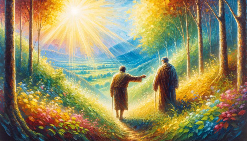 Uplifting landscape with two figures walking together, one encouraging the other, symbolizing the power of supportive friendship.