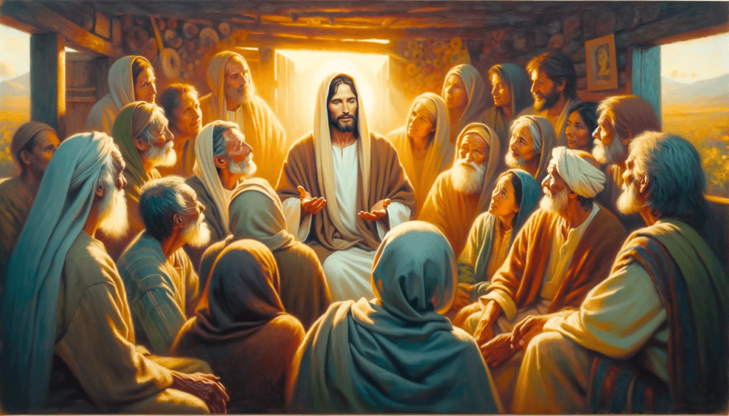 Expressive painting of Jesus teaching a diverse group about friendship, highlighting the values of love and respect.