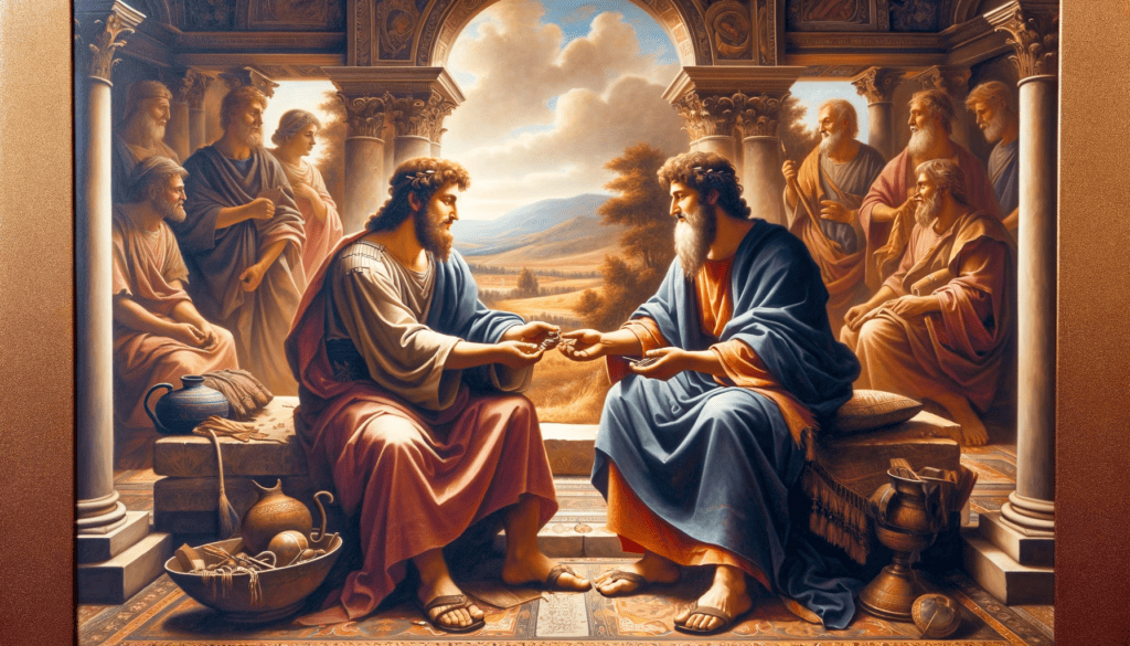 Historical painting depicting David and Jonathan in an ancient setting, exchanging tokens of friendship, symbolizing their deep bond.