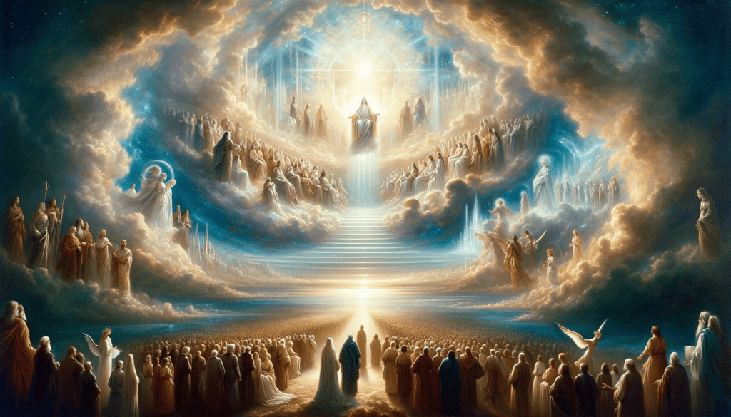 A majestic and serene oil painting depicting the 'Sovereignty of God' with a celestial landscape, a heavenly throne, and people from various eras gazing towards it in awe.