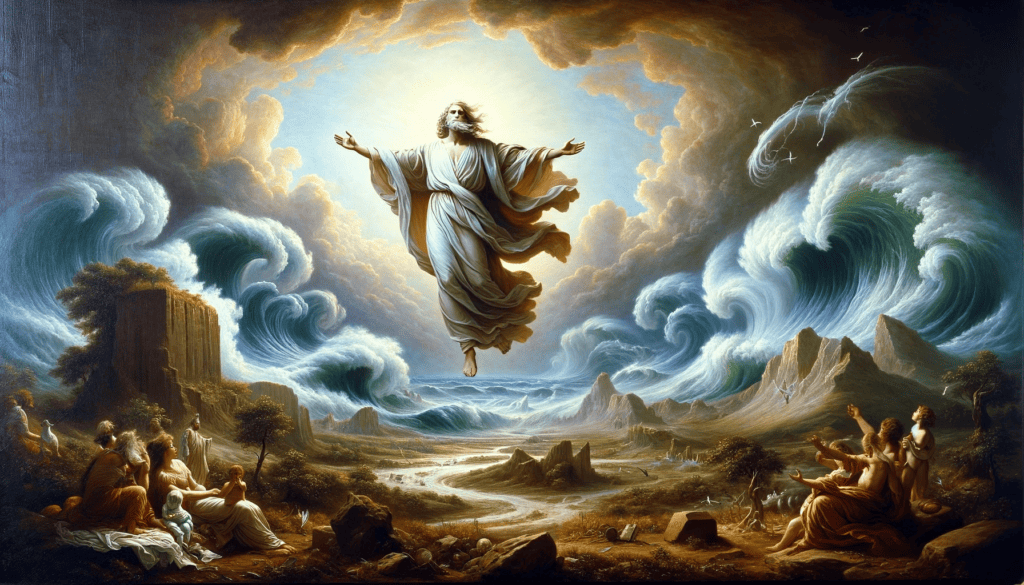 An evocative oil painting showing 'God's Control Over Nature', with a figure commanding the elements of nature in a dramatic landscape.