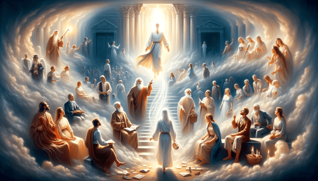 A beautifully detailed oil painting illustrating 'God's Control in Our Lives', with individuals guided by a divine presence represented as a soft, glowing light.