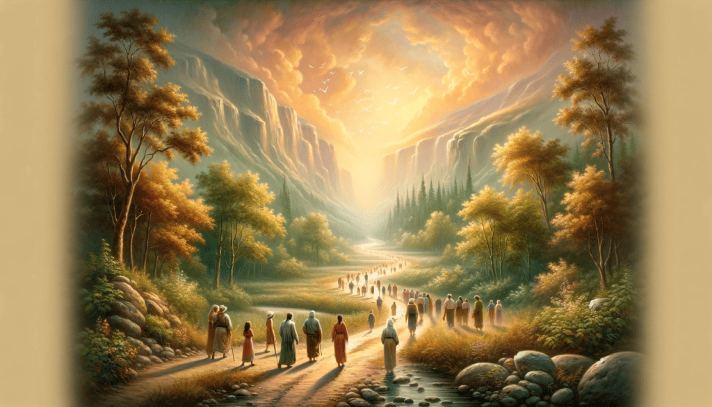 A serene and inspiring oil painting representing 'Trusting God's Plan', featuring people walking on a path in a tranquil landscape, looking upwards with hope.