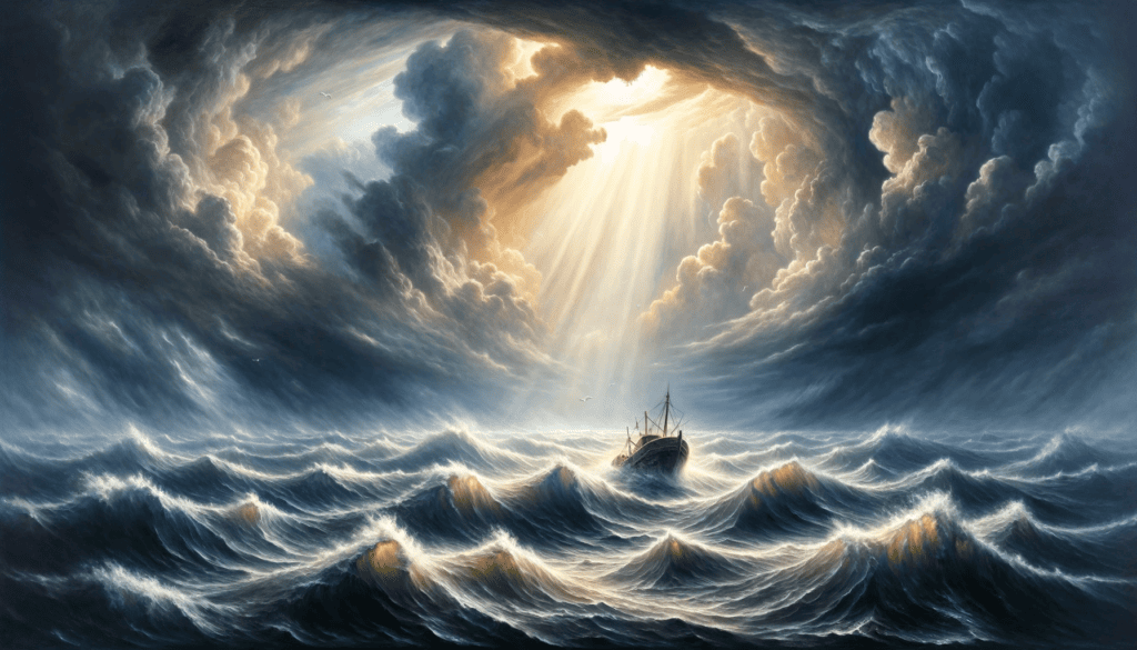 An emotionally charged oil painting portraying 'God's Control in Difficult Times', with a boat in a tumultuous sea under a stormy sky, illuminated by a divine light.