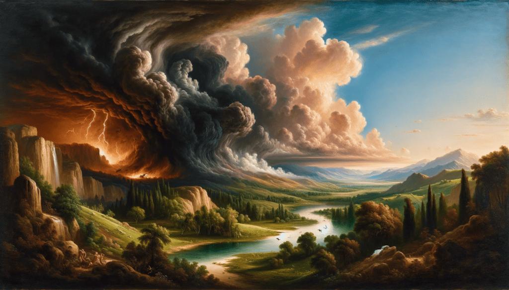 An oil painting of a serene landscape with a storm brewing over a valley, depicting the contrasting elements of peace and turmoil.