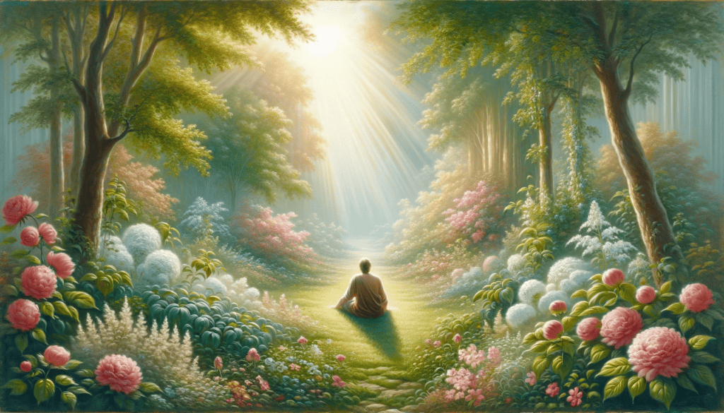An oil painting depicting a person sitting peacefully in a lush garden, surrounded by blooming flowers and bathed in soft sunlight, symbolizing the overcoming of jealousy and the attainment of inner peace.