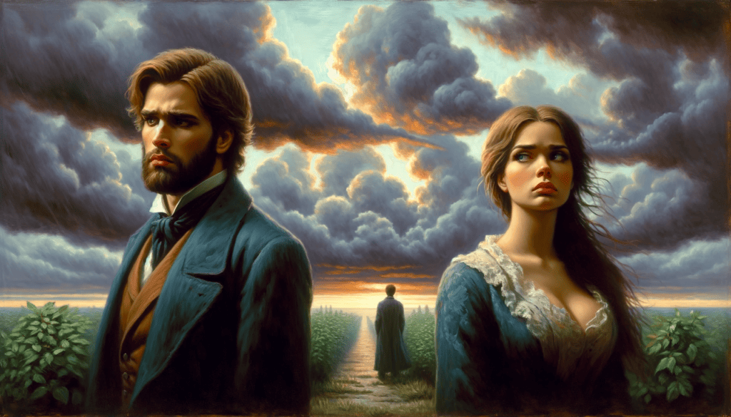 An oil painting showing a couple standing apart under a stormy sky, with expressions of longing and sadness, symbolizing the strain of jealousy in relationships.