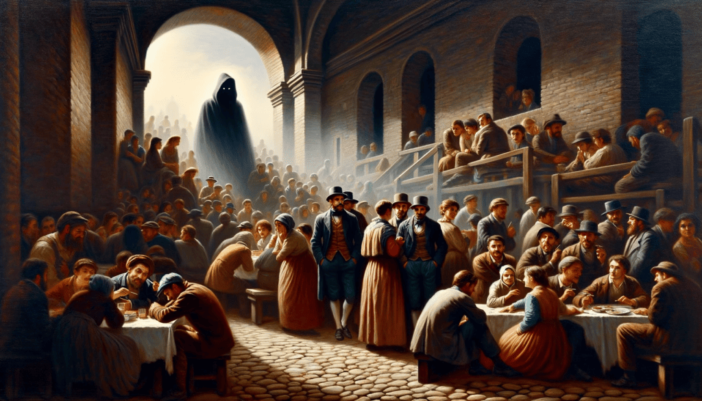 An oil painting of a solemn marketplace scene with a shadowy figure lurking behind people, conveying hidden danger and mistrust.