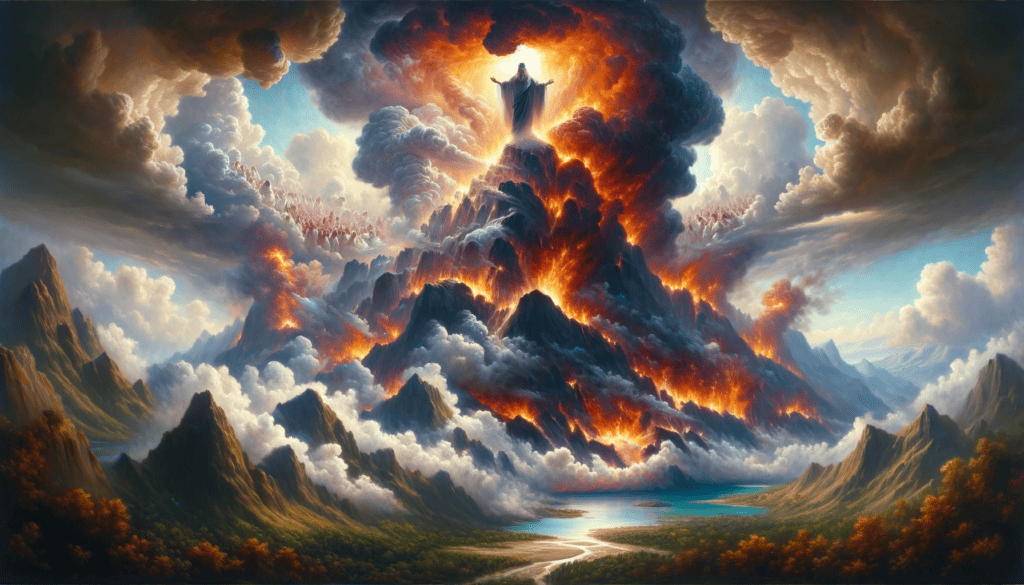 An oil painting depicting a mountain engulfed in fire and storm clouds, symbolizing divine power and judgment in relation to jealousy.