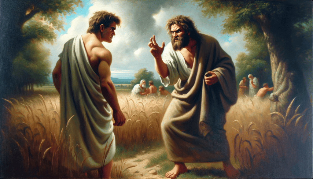 An oil painting showing Cain and Abel in a field, with Cain displaying jealousy and anger towards Abel, set in a rustic, pastoral landscape.