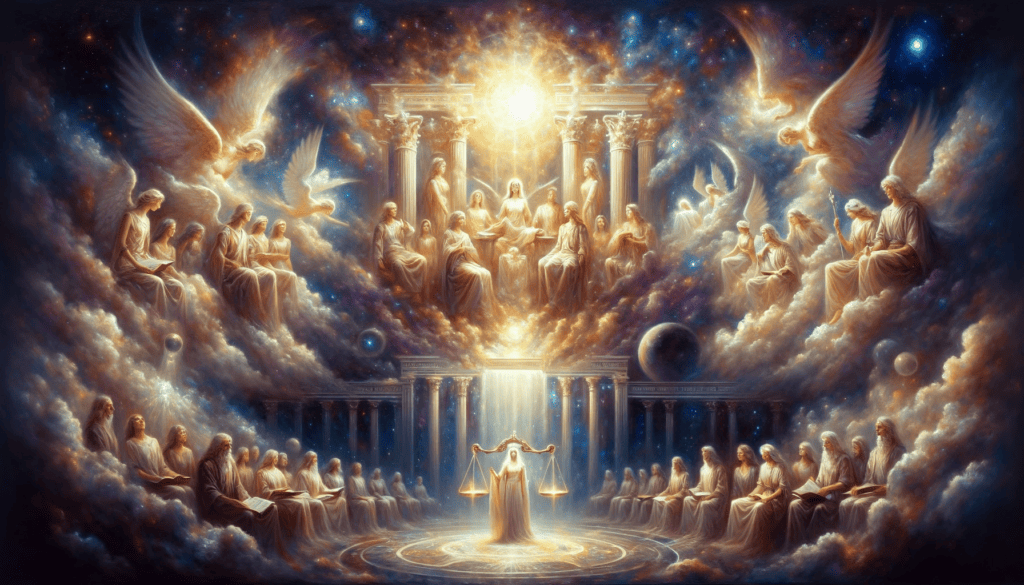 An oil painting depicting 'God's Justice', with a celestial courtroom, ethereal figures, balanced scales of justice, and a backdrop of celestial light.