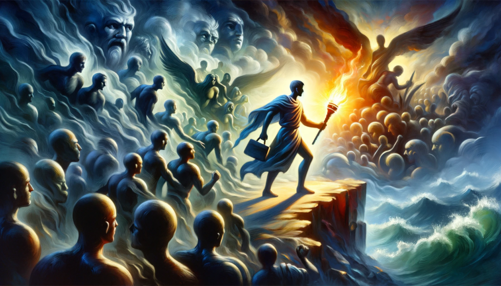 An oil painting visualizing 'Seeking Justice', showing a valiant figure holding a torch that illuminates the path of righteousness in a tumultuous landscape.
