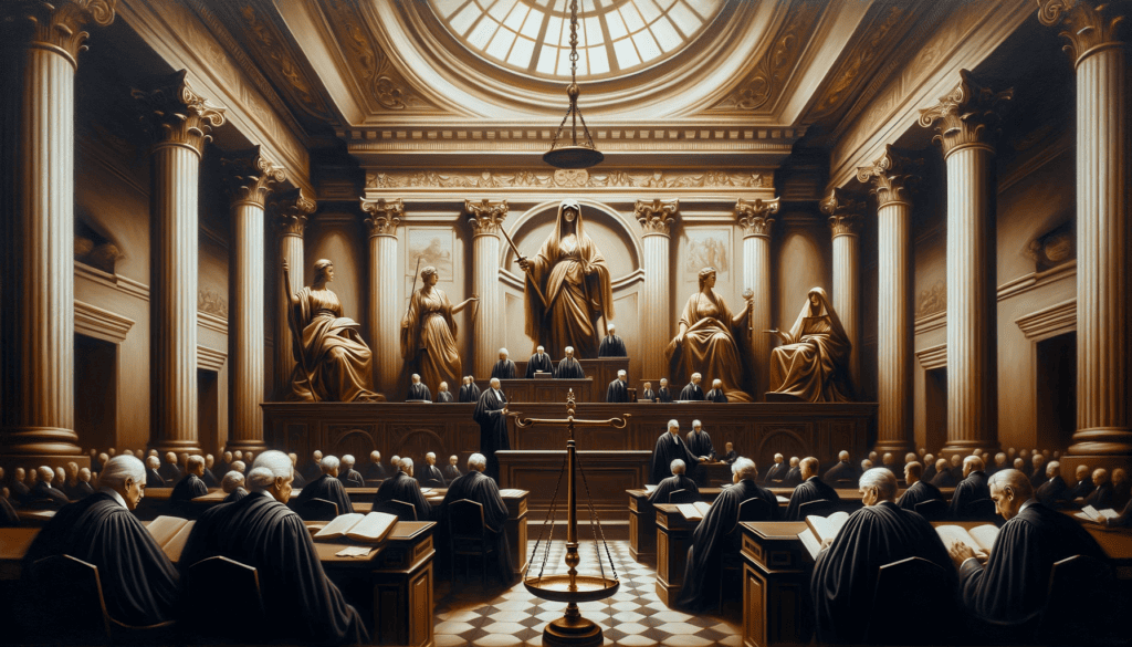 An oil painting capturing 'Justice and the Law', with a classical courtroom, solemn figures in robes, a scale and gavel, embodying the gravity of legal proceedings.