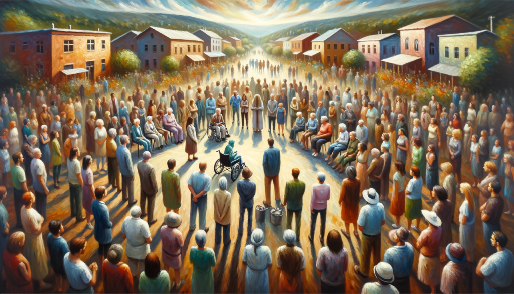 An oil painting representing 'Social Justice', showing a diverse gathering of individuals in a community setting, united in dialogue and support against the backdrop of a vibrant town, symbolizing collective efforts for social change and equality.