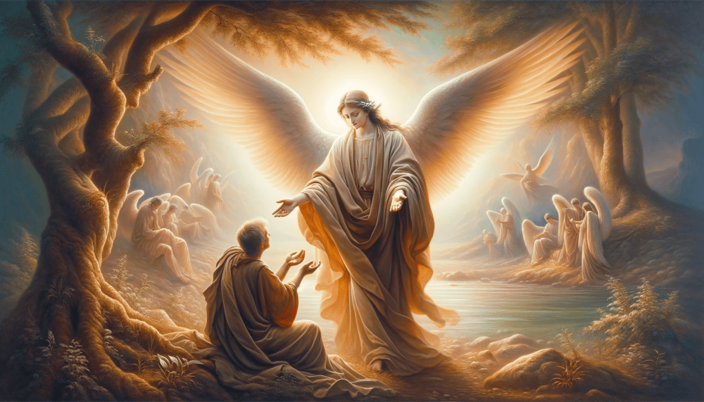 An oil painting depicting the harmony of 'Justice and Mercy', showing a compassionate figure bestowing kindness in a tranquil landscape, evoking comfort and hope.