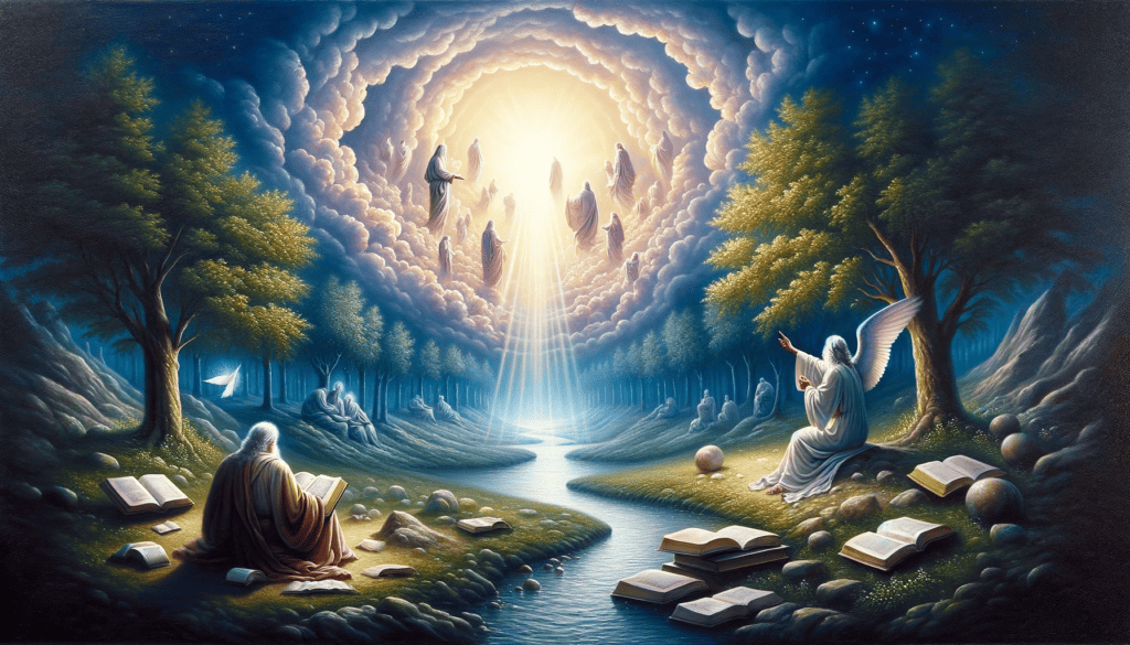 An oil painting portraying the quest for wisdom and guidance, set in a tranquil environment. A figure is depicted in search of knowledge, encircled by symbols of enlightenment like beams of light from above, open books, and a clear path, representing divine guidance and the pursuit of wisdom in a contemplative setting.