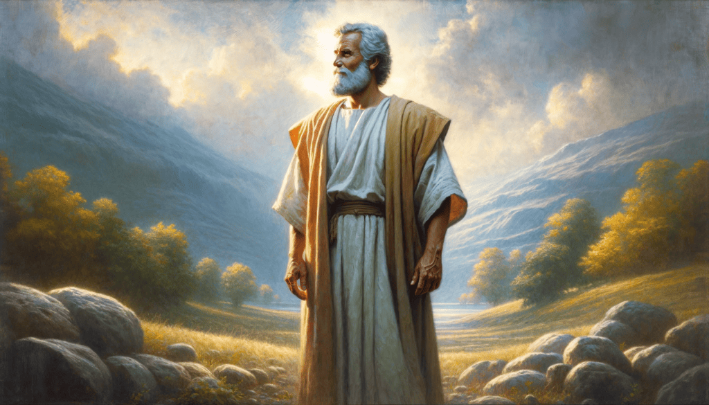 An oil painting that portrays integrity and character, inspired by biblical wisdom. It shows a dignified figure standing in a setting that radiates purity and moral strength. The figure, in simple yet noble attire, embodies honesty and ethical fortitude, set against a backdrop of clear skies and pristine nature, symbolizing a life of virtue and steadfastness. The composition emphasizes the significance of upholding integrity and a strong character in life.