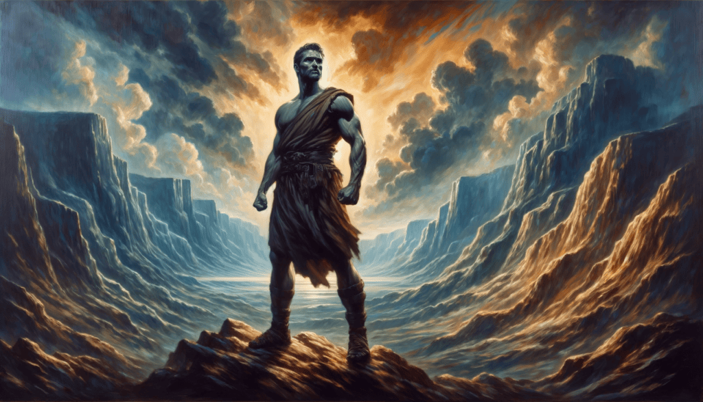 An oil painting depicting the theme of courage and strength, influenced by biblical narratives. It shows a heroic figure standing boldly in a dramatic landscape, representing determination and bravery. The figure, in a stance of readiness against challenges, is set against a backdrop of rugged terrain and a stormy sky, symbolizing the triumph over adversity and the resolve to remain steadfast in trials, conveying a profound sense of indomitable courage and inner strength.
