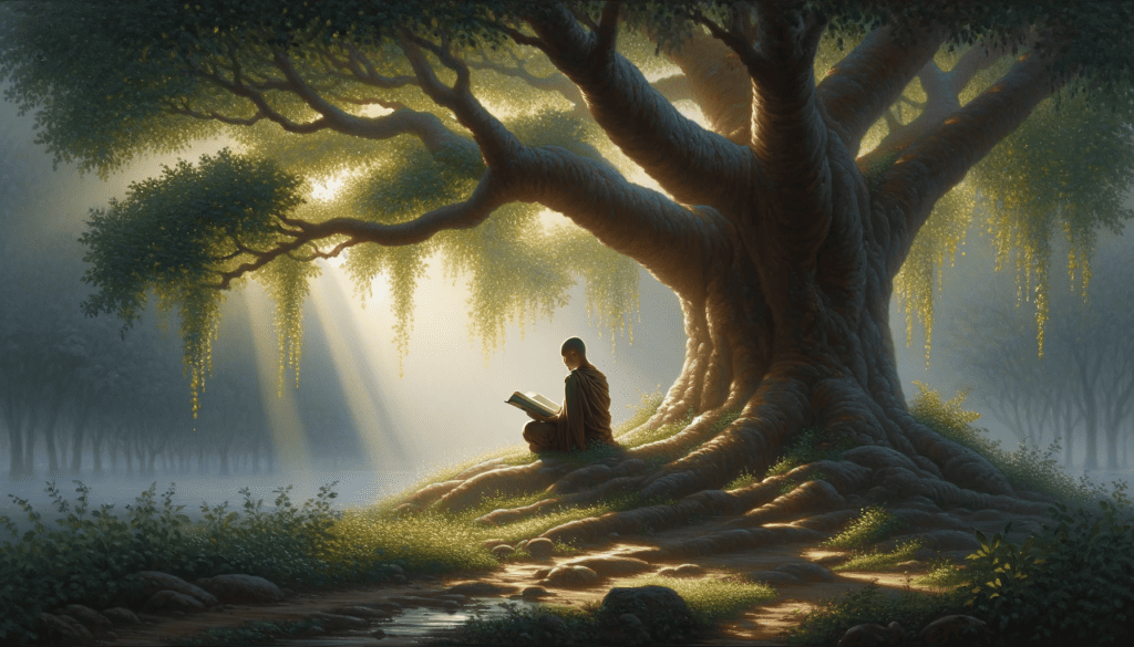 A serene oil painting of a person meditating under a large tree, symbolizing deep contemplation and tranquility.