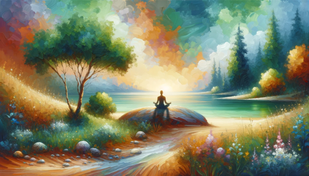 An artistic oil painting capturing the serene benefits of meditation, featuring a contemplative figure surrounded by nature.