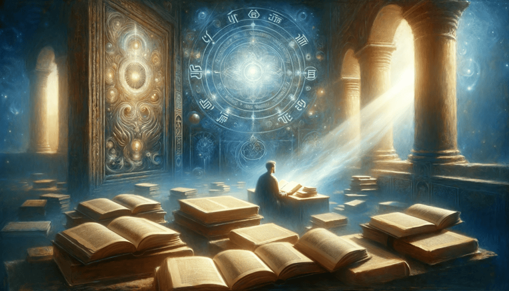 An evocative oil painting representing deep study and meditation on God's Word, with an individual surrounded by ancient texts and divine light.