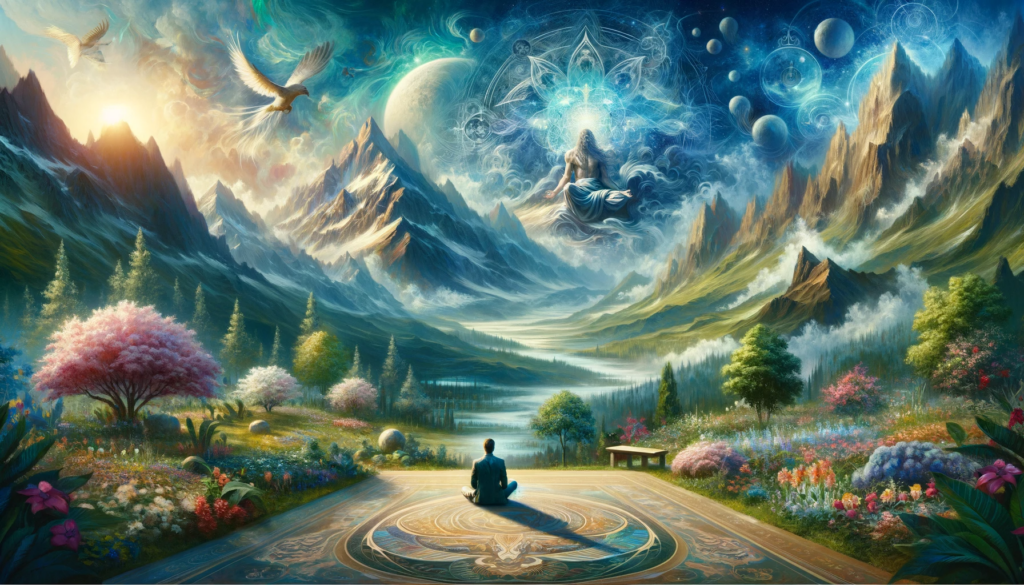 A captivating oil painting showcasing awe and meditation on God's works, with elements of a blooming garden and majestic mountains.