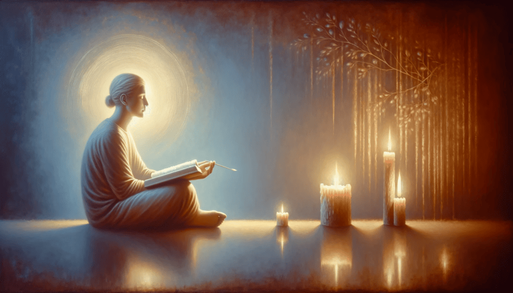 A thoughtful oil painting depicting meditation as reflection and prayer, with a serene figure in a room illuminated by soft candlelight and symbolic elements of spiritual connection.
