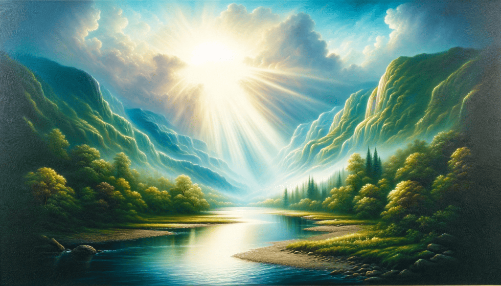 A serene landscape oil painting depicting divine peace, with a tranquil river, lush valley, and ethereal light.