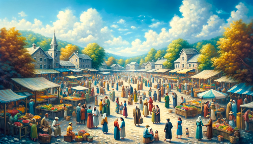 An oil painting of a vibrant village scene, symbolizing living in peace with others, showing harmony and unity.
