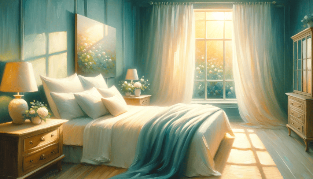 An oil painting of a peaceful bedroom, symbolizing inner peace and calm, with soft light and serene decor.